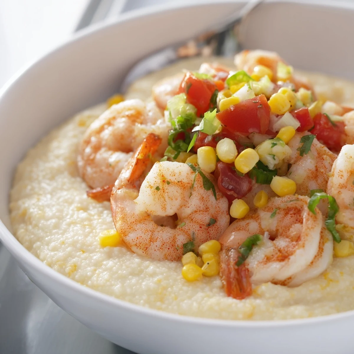 Bowl of cheesy shrimp grits garnished with zesty corn and cilantro