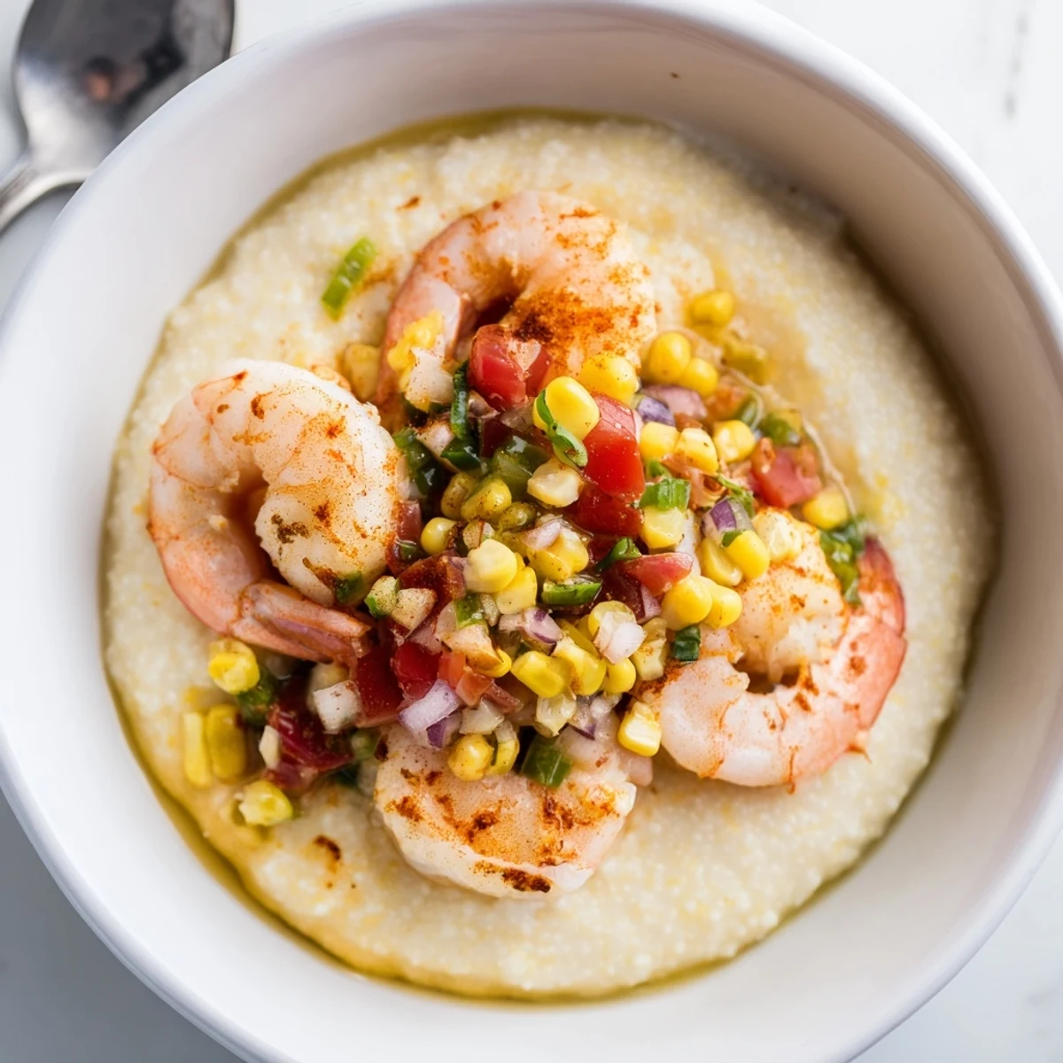 Creamy stone-ground grits topped with golden sautéed shrimp and fresh corn salsa