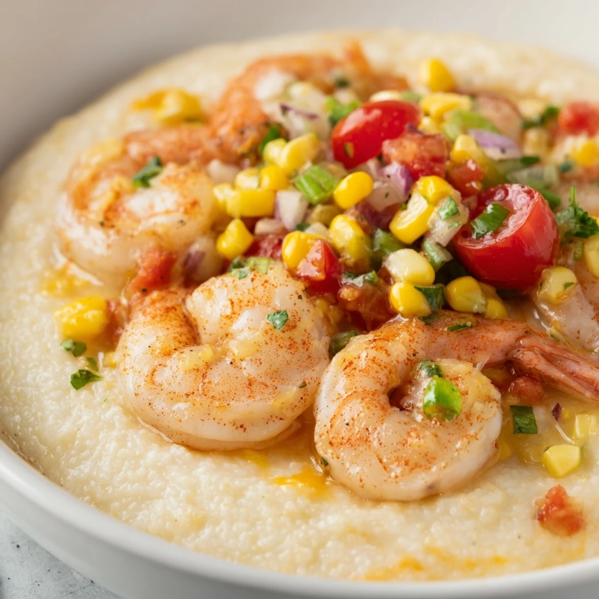 Southern-style shrimp and grits served with vibrant tomato corn salsa topping