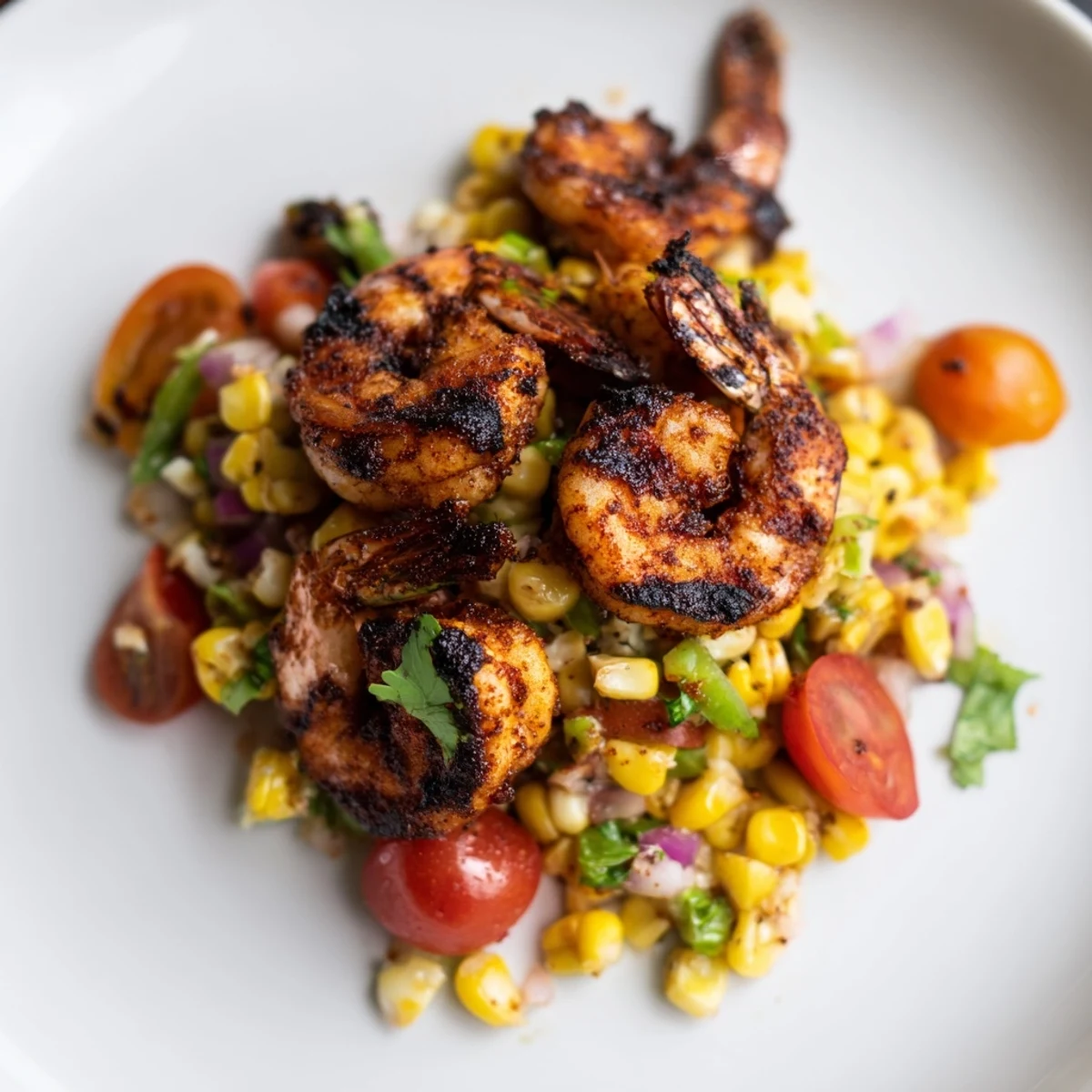 Golden grilled shrimp with spices served over fresh corn and tomato salsa