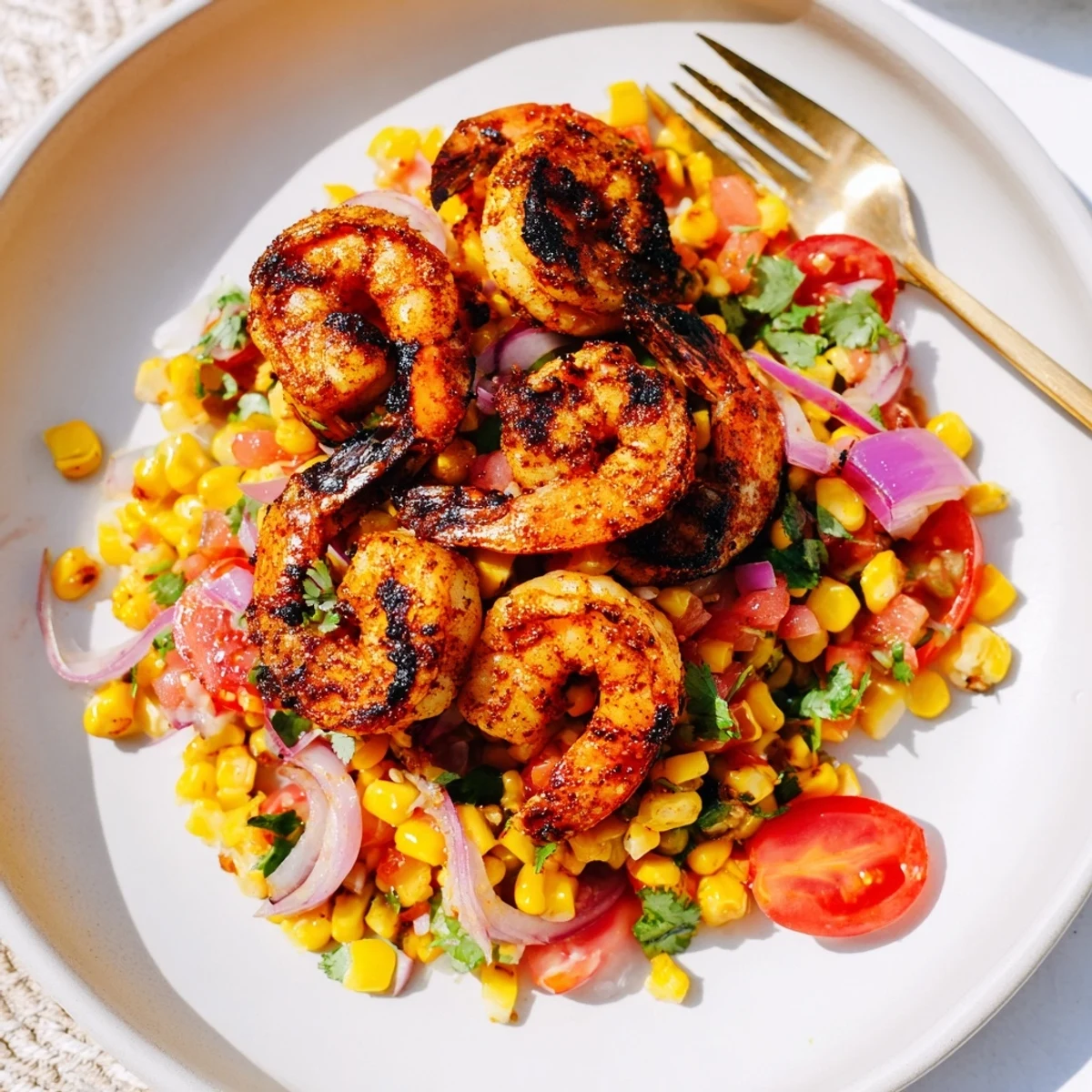 Platter of smoky charred shrimp atop vibrant corn salsa with cilantro garnish