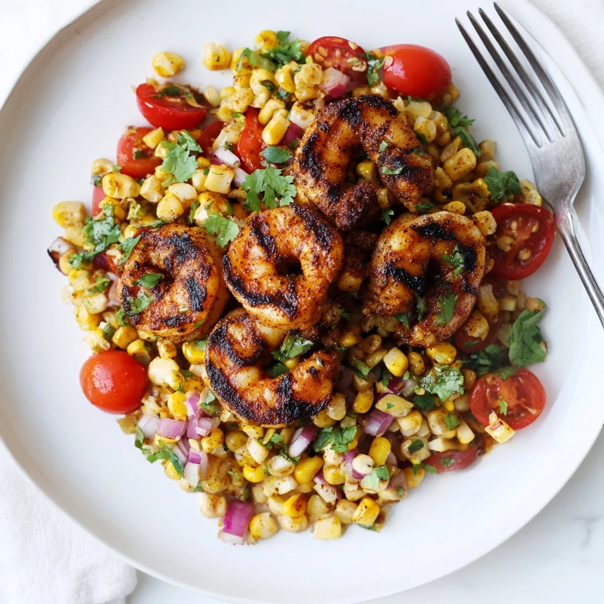 Juicy paprika seasoned shrimp grilled and paired with zesty corn relish