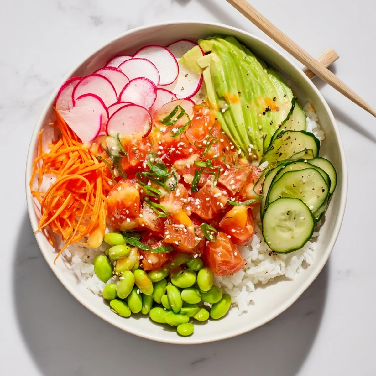 Fresh Hawaiian-style salmon and avocado poke bowl topped with sesame seeds and crisp vegetables