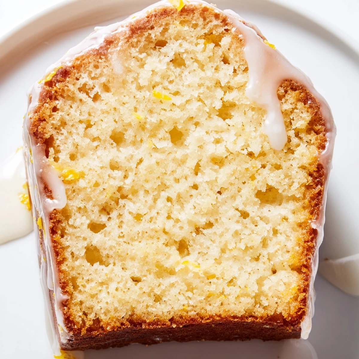 Moist lemon loaf cake slice featuring tender Greek yogurt crumb and fresh lemon zest garnish