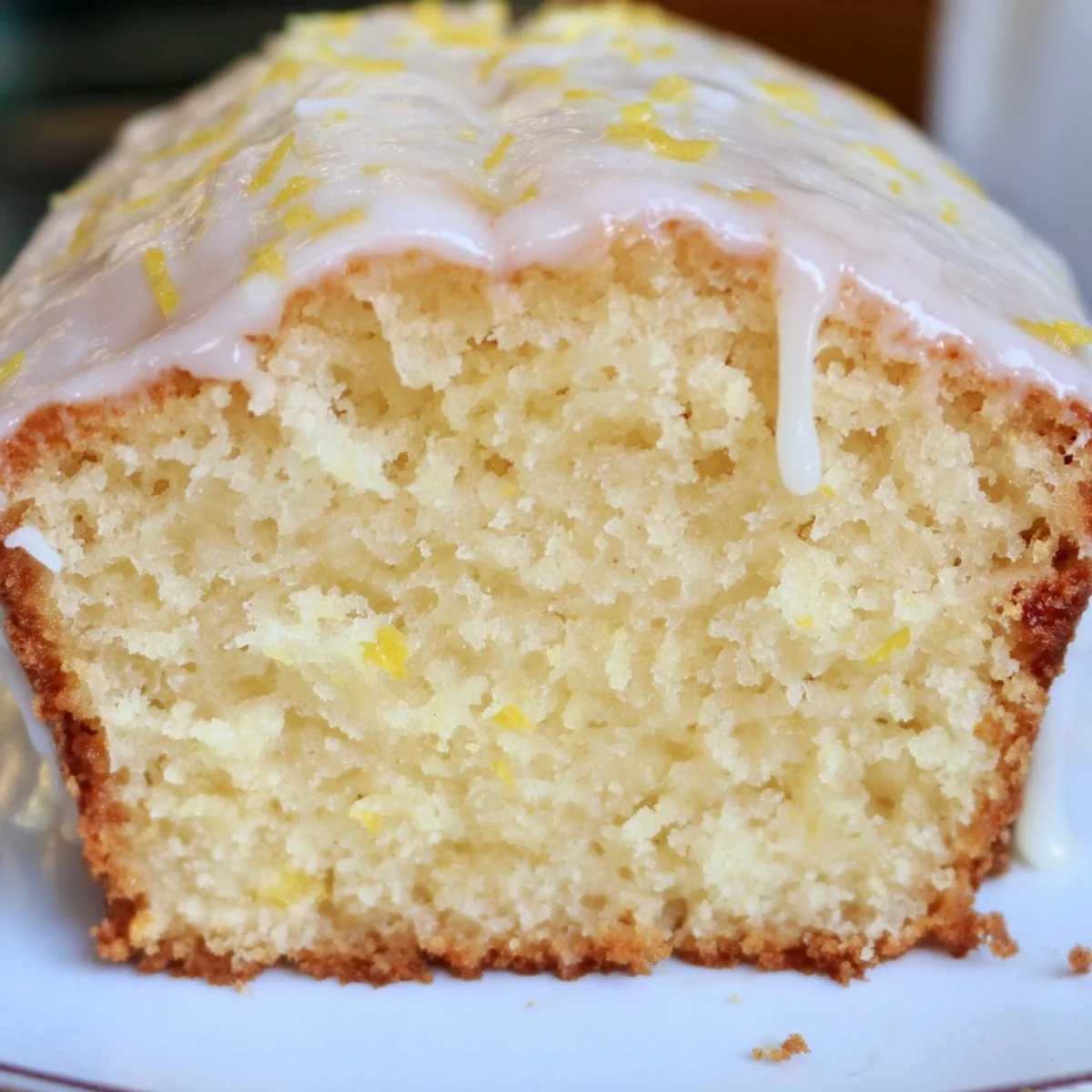 Finished Greek yogurt lemon loaf cooling on wire rack with sweet lemon glaze dripping down sides