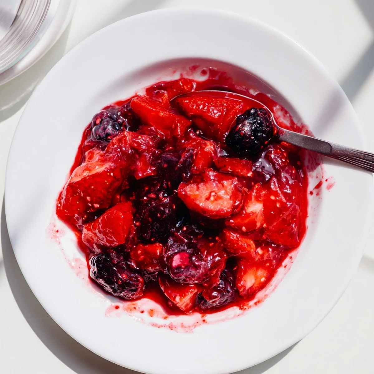 Thick tangy-sweet strawberry rhubarb raspberry jam spread generously on warm toasted bread