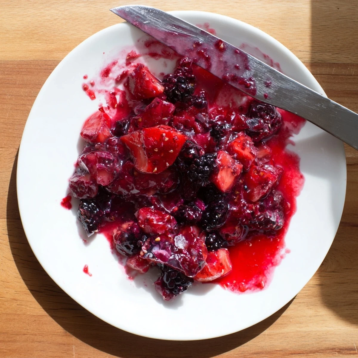 Golden jars of homemade strawberry rhubarb raspberry jam glistening with mixed berry swirls