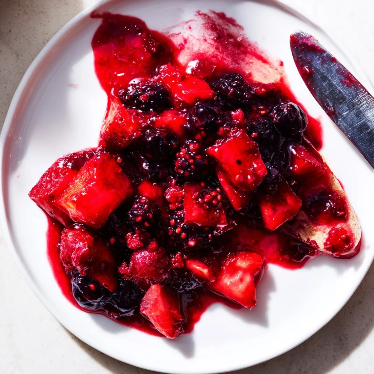 Spoonful of vibrant strawberry rhubarb raspberry jam showcasing deep red berry colors and textures