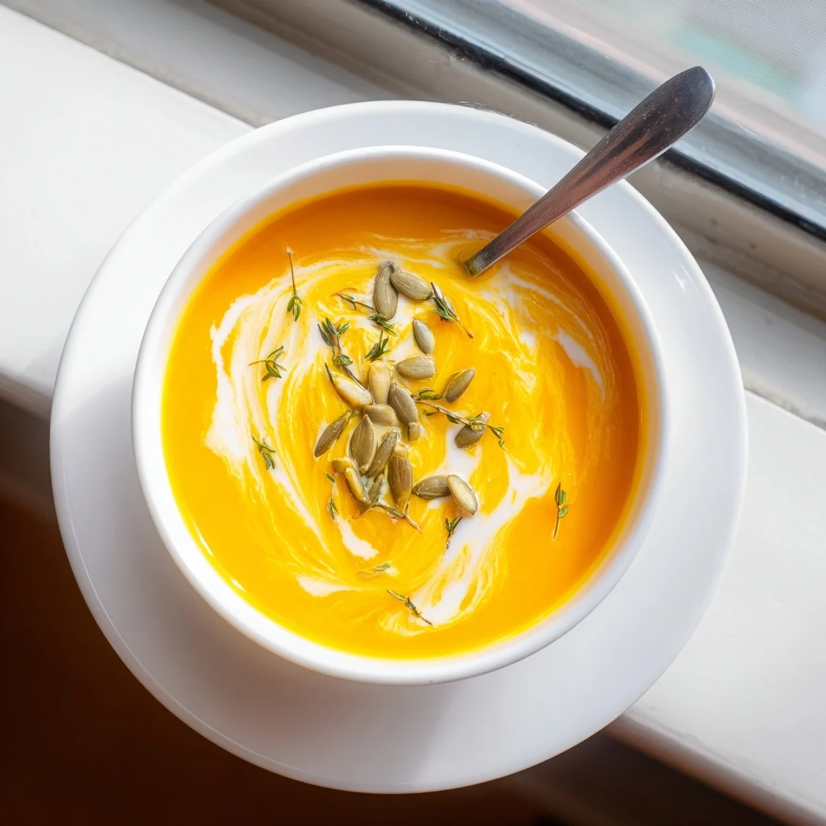 Creamy roasted butternut squash soup with caramelized vegetables and fresh thyme garnish