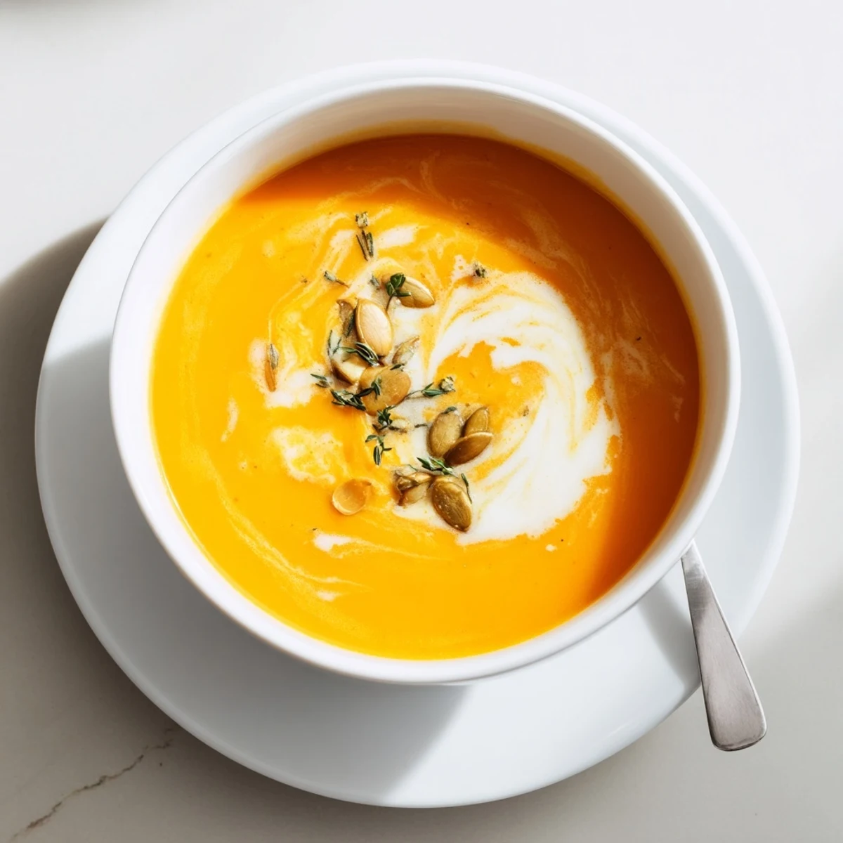 Golden bowl of velvety butternut squash soup topped with toasted pumpkin seeds