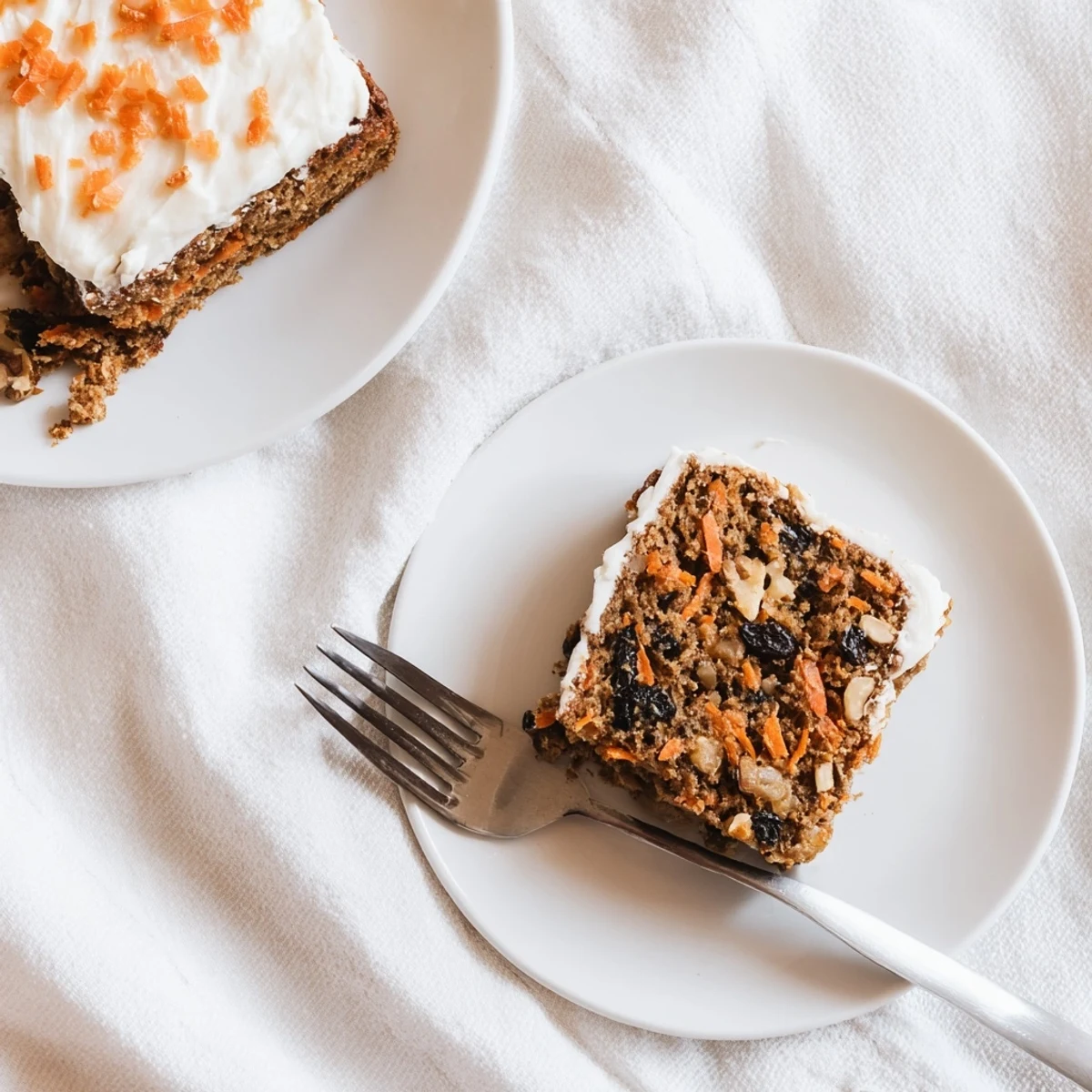 Homemade flourless oatmeal carrot cake square with cream cheese frosting and walnut garnish