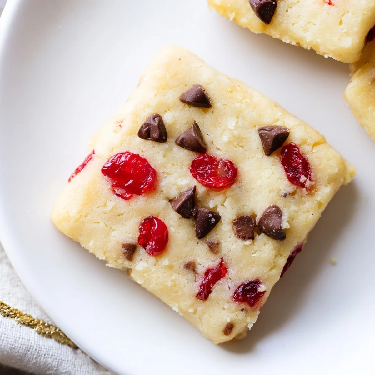 Golden Christmas Maraschino Cherry Shortbread cookies scattered on a white serving plate with bright red cherry pieces visible throughout the buttery crumb