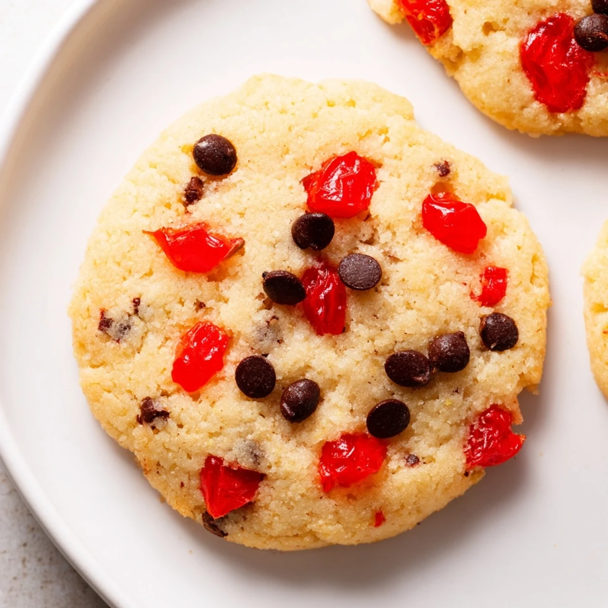 Close-up of Christmas Maraschino Cherry Shortbread cookie showing tender texture with chopped red maraschino cherries nestled in the golden shortbread dough