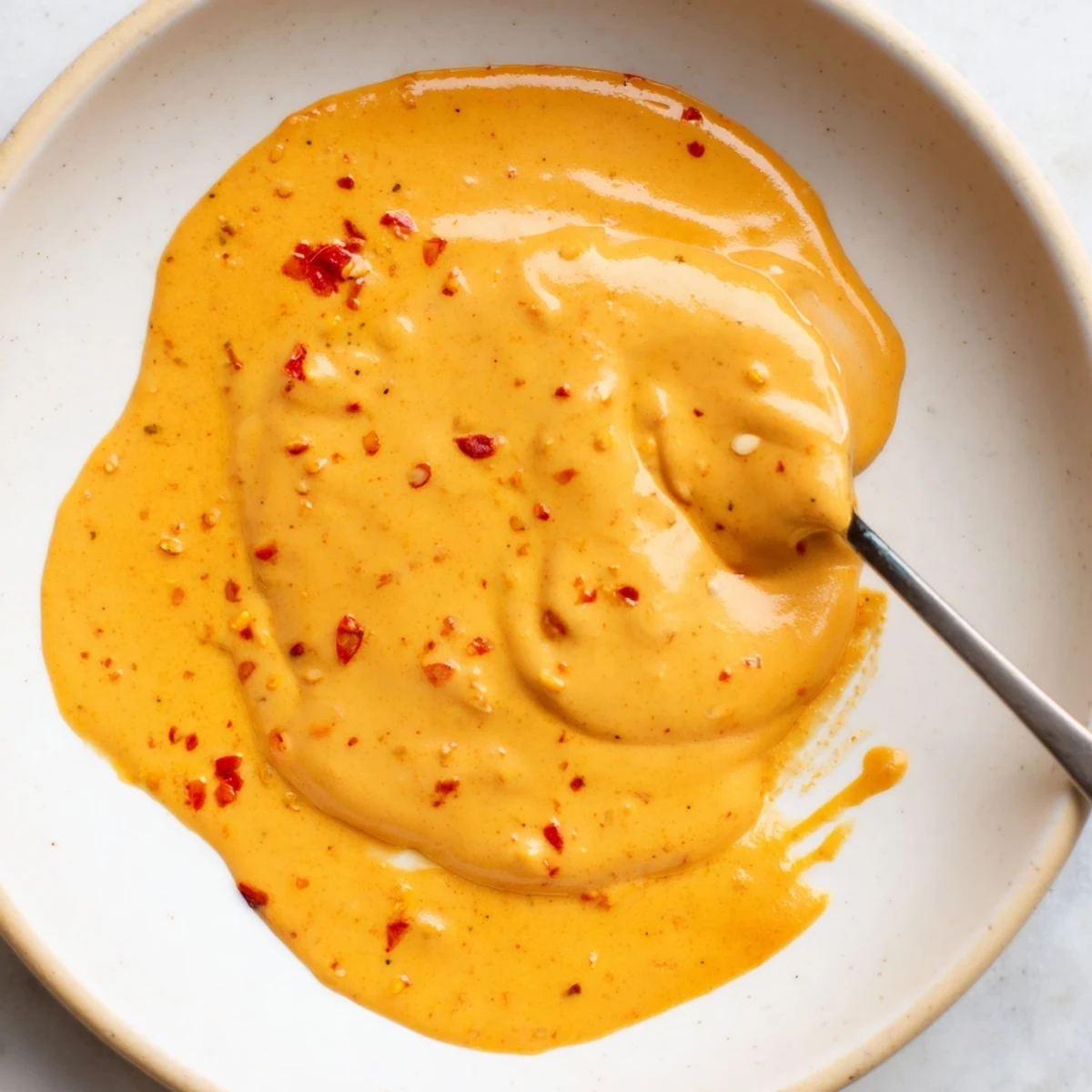 Golden vegan nacho cashew cheese sauce being poured from a glass measuring cup into a serving bowl