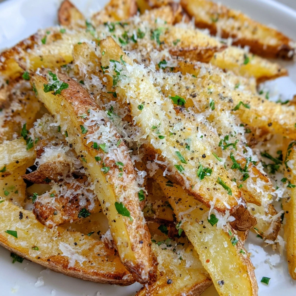 Golden homemade truffle fries piled high with grated Parmesan and fresh parsley