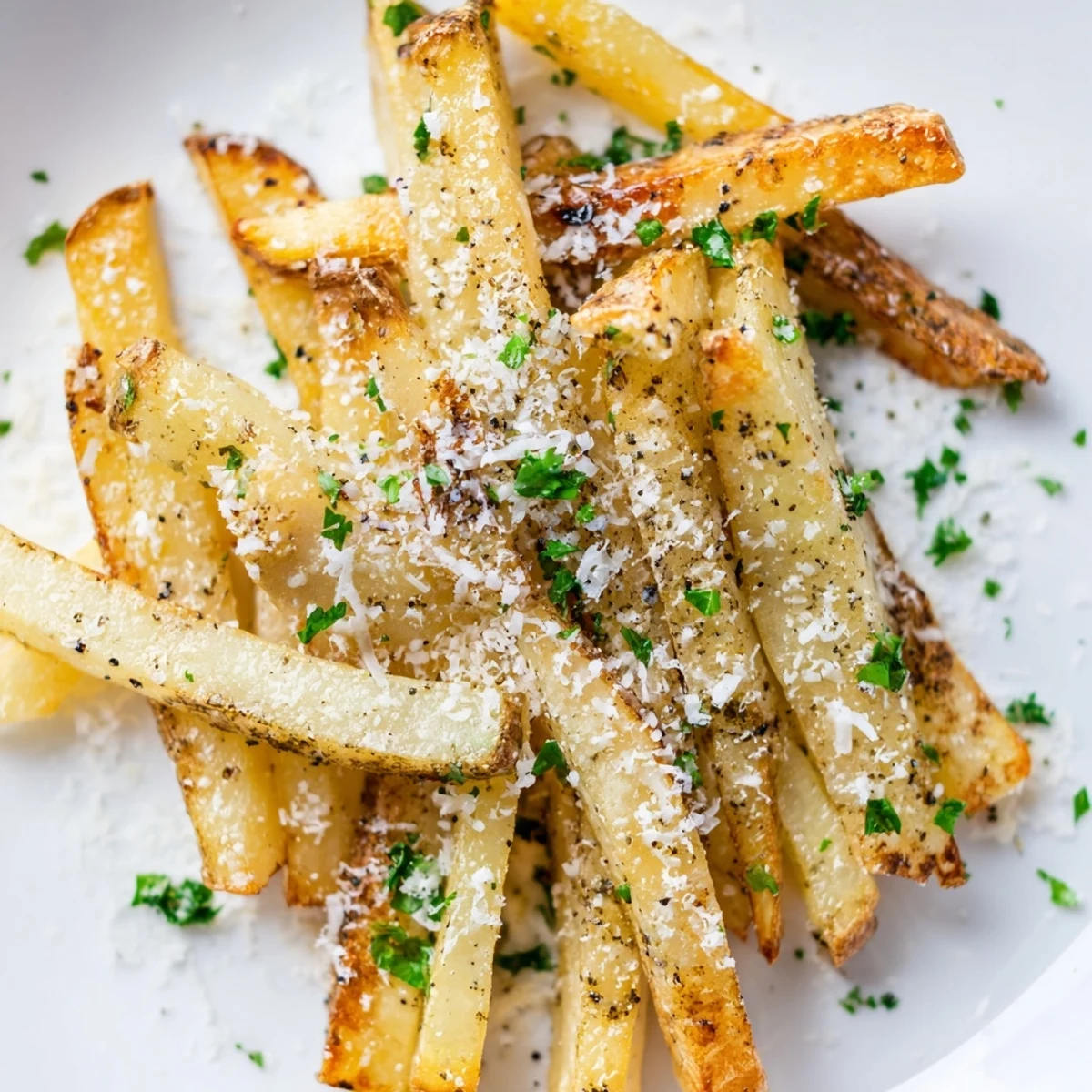 Mound of golden truffle parmesan fries seasoned with black pepper and parsley garnish