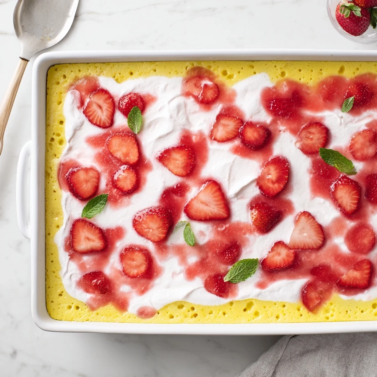 Slice of strawberry gelatin cake topped with fluffy whipped cream and fresh red berries