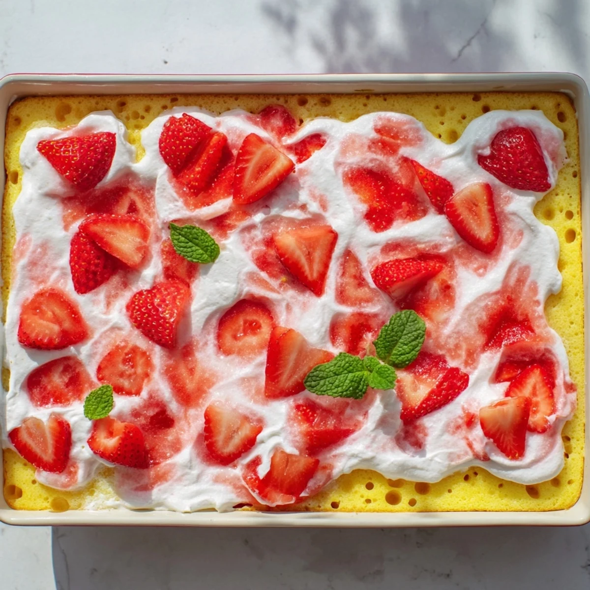 Rectangular 9x13 cake with wobbly strawberry gelatin layer absorbed into moist yellow cake base