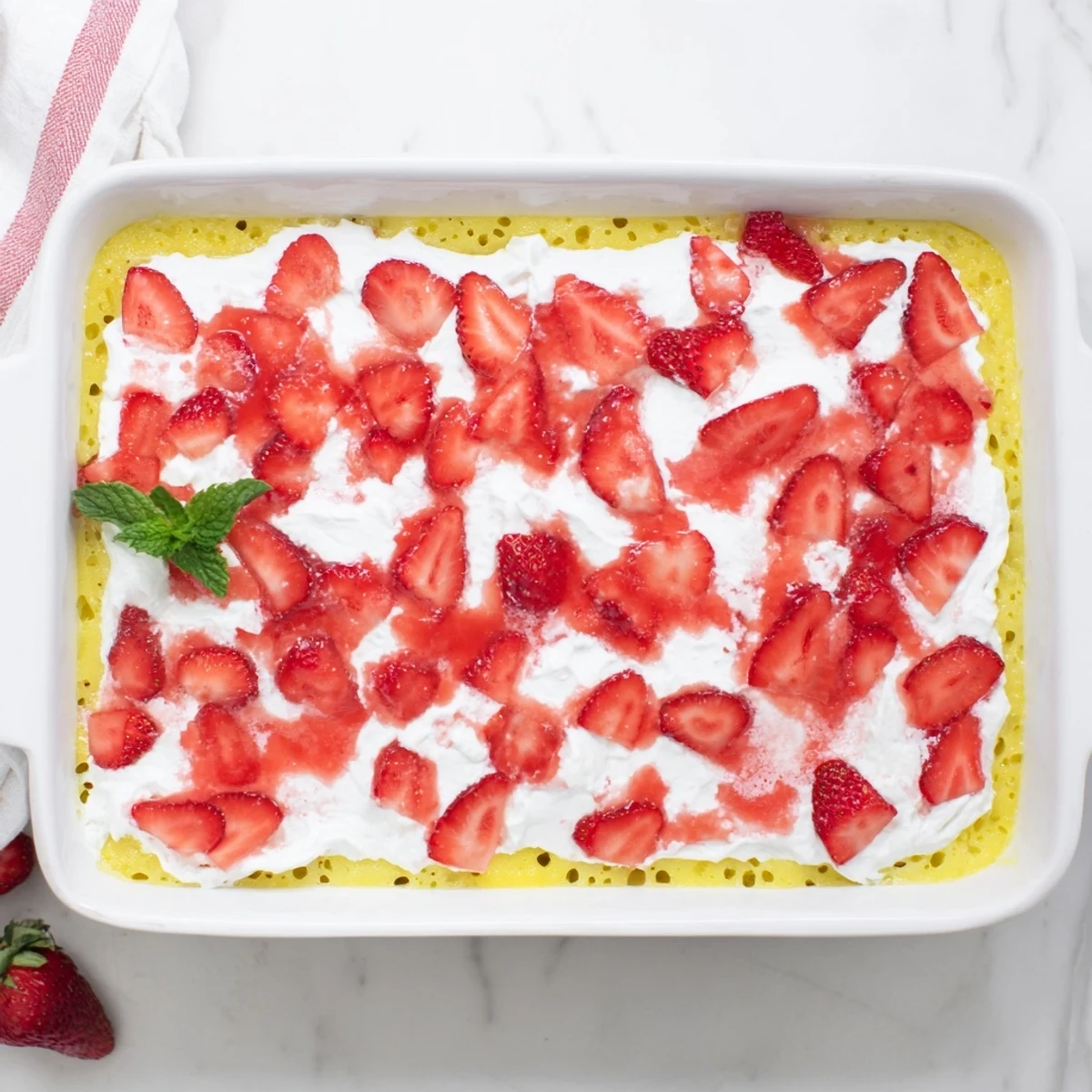 Summer dessert square showing creamy white topping and vibrant sliced strawberry garnish on jelly cake