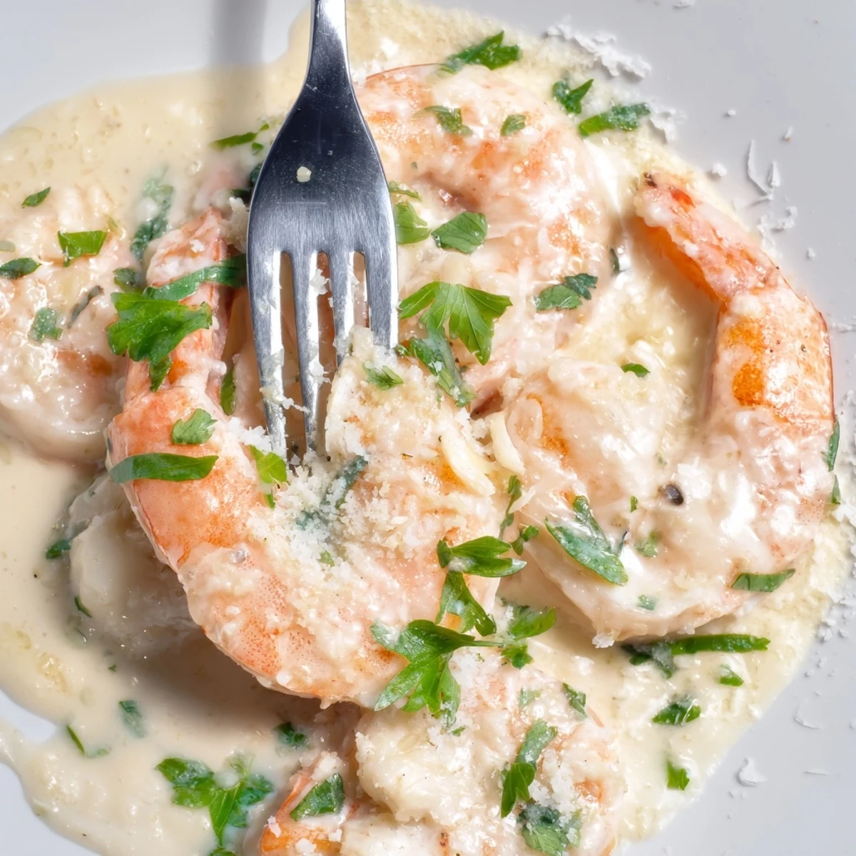 Golden garlic cream shrimp coated in a rich silky parmesan sauce with fresh parsley garnish