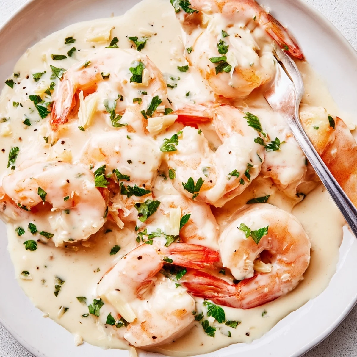 Plump pink shrimp simmered in a velvety garlic cream sauce finished with lemon and parsley