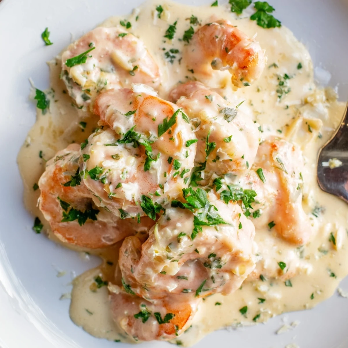 Succulent shrimp swimming in a luscious white cream sauce with minced garlic and green herbs