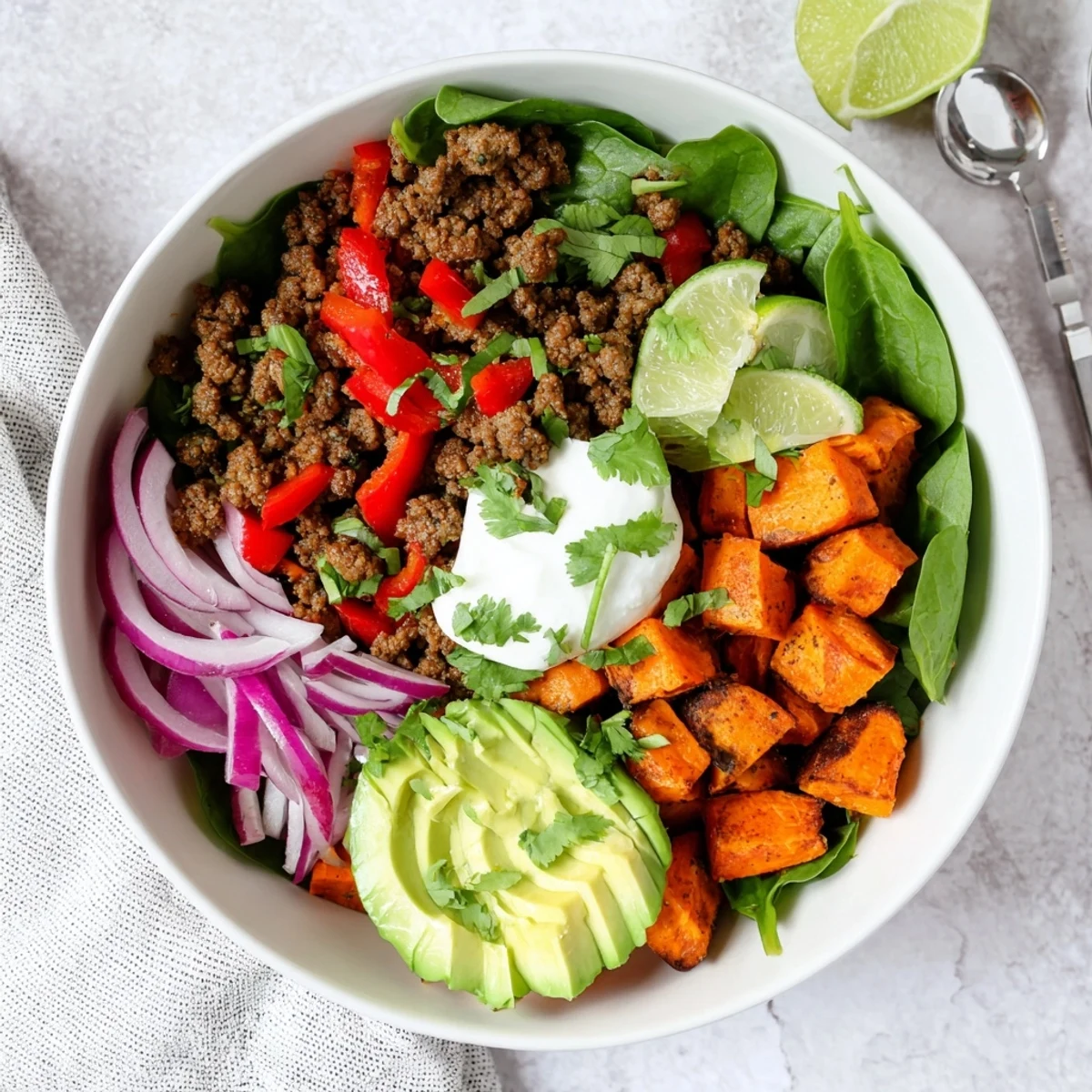 Hearty beef sweet potato bowl recipe featuring roasted sweet potatoes and tender ground beef with fresh vegetables
