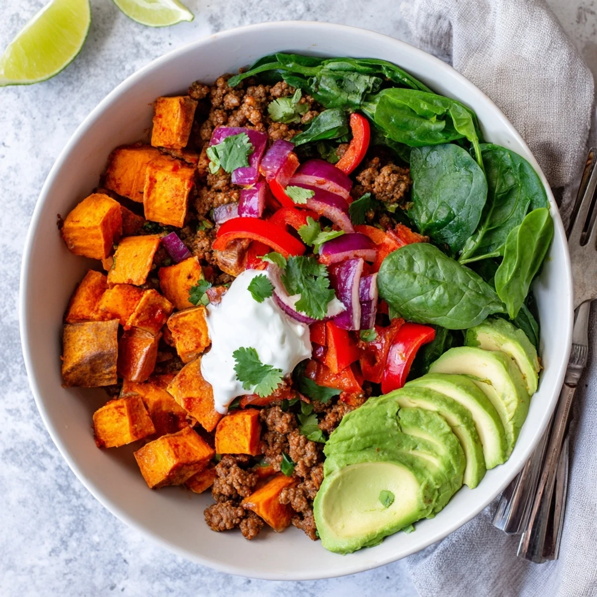Colorful beef sweet potato bowl recipe with spiced meat, caramelized sweet potatoes, avocado slices and crisp toppings