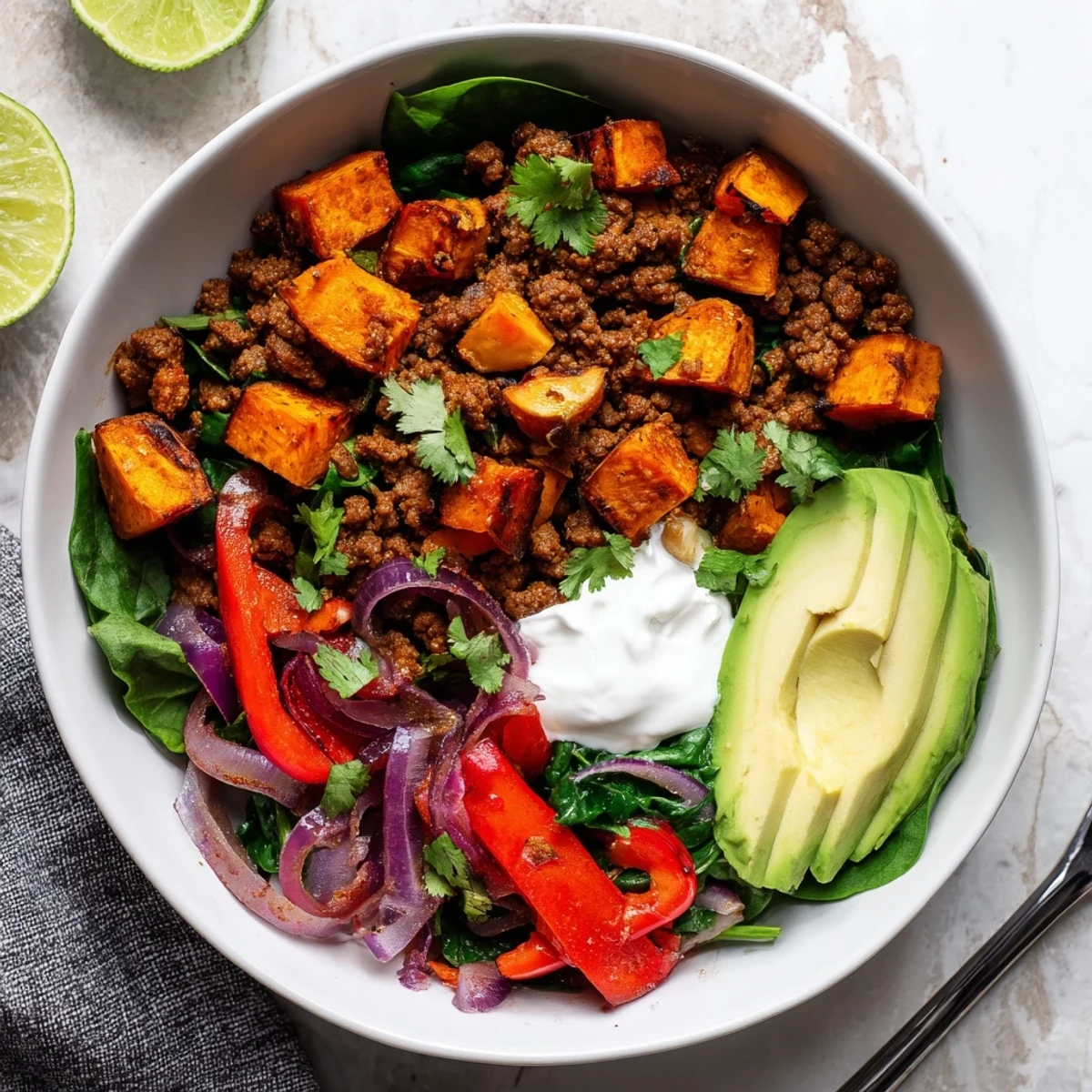 Savory beef sweet potato bowl recipe displaying ground beef mixture over roasted sweet potato cubes in a nourishing meal