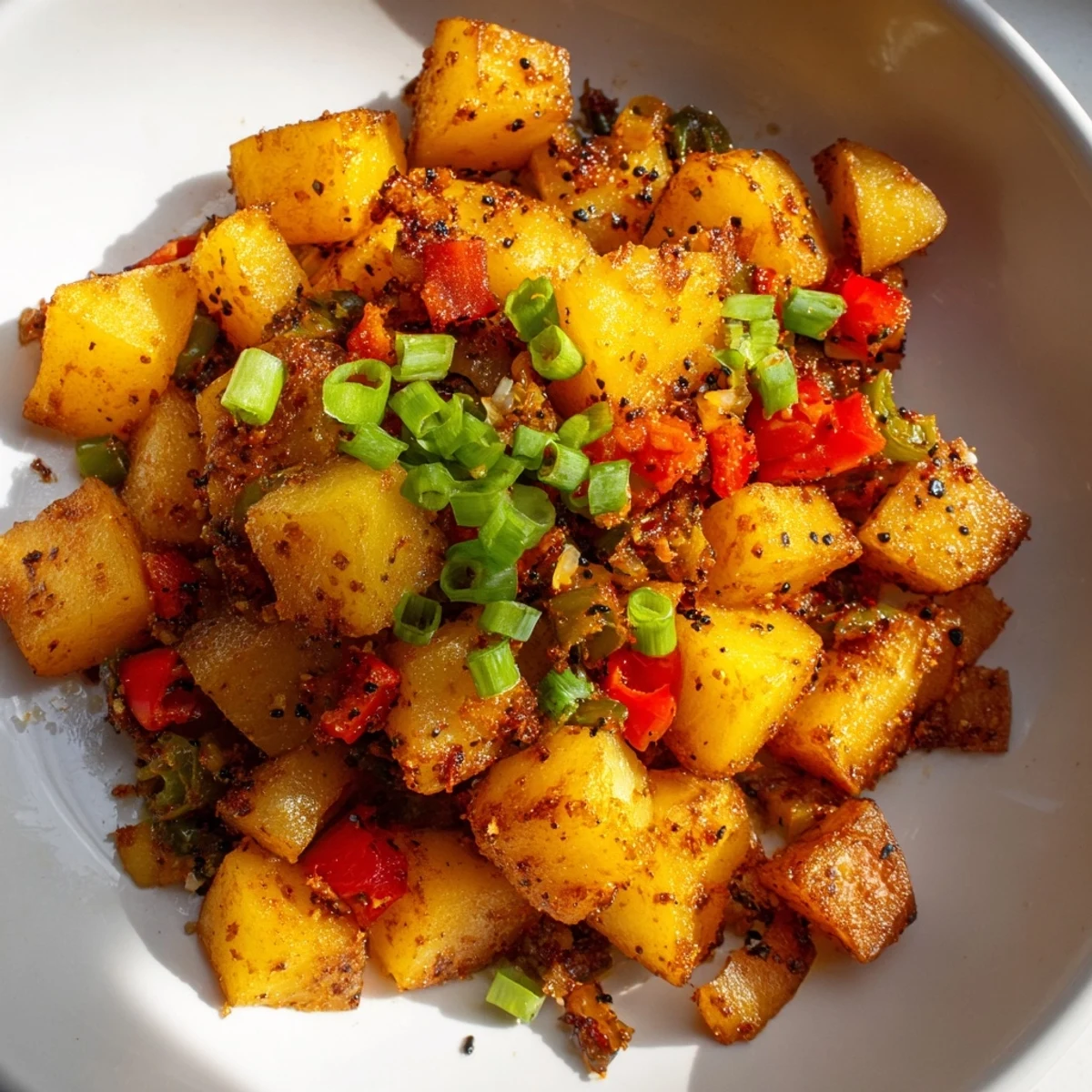 Golden crispy Green Chile Hash with roasted chiles and diced vegetables in a cast iron skillet