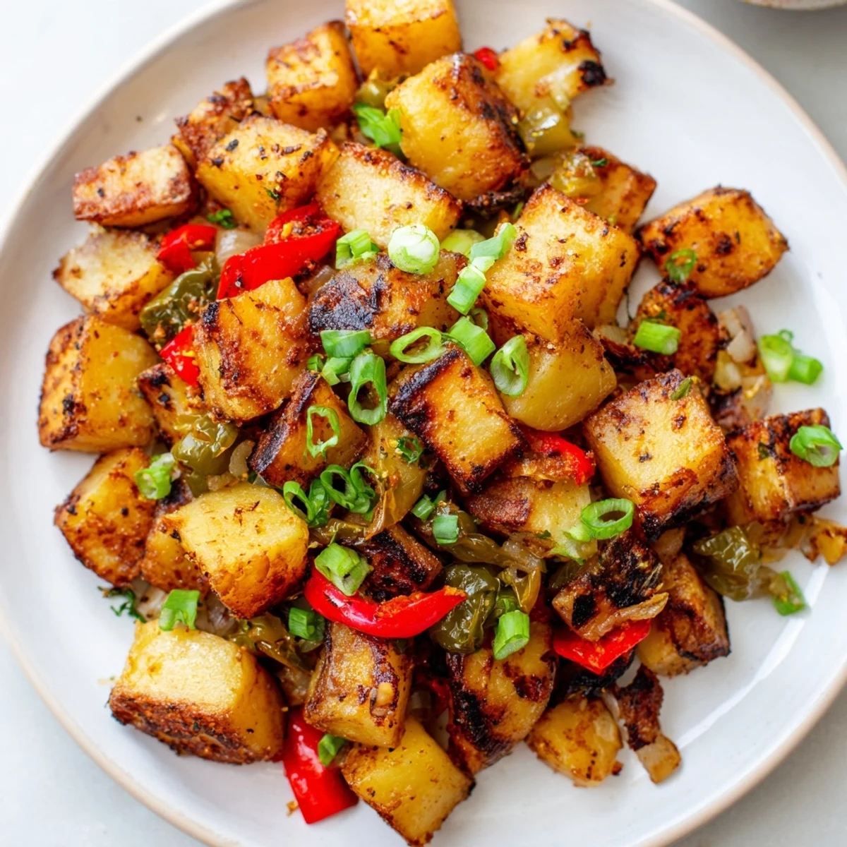 Rustic skillet of Green Chile Hash featuring golden potatoes onions and roasted green chiles