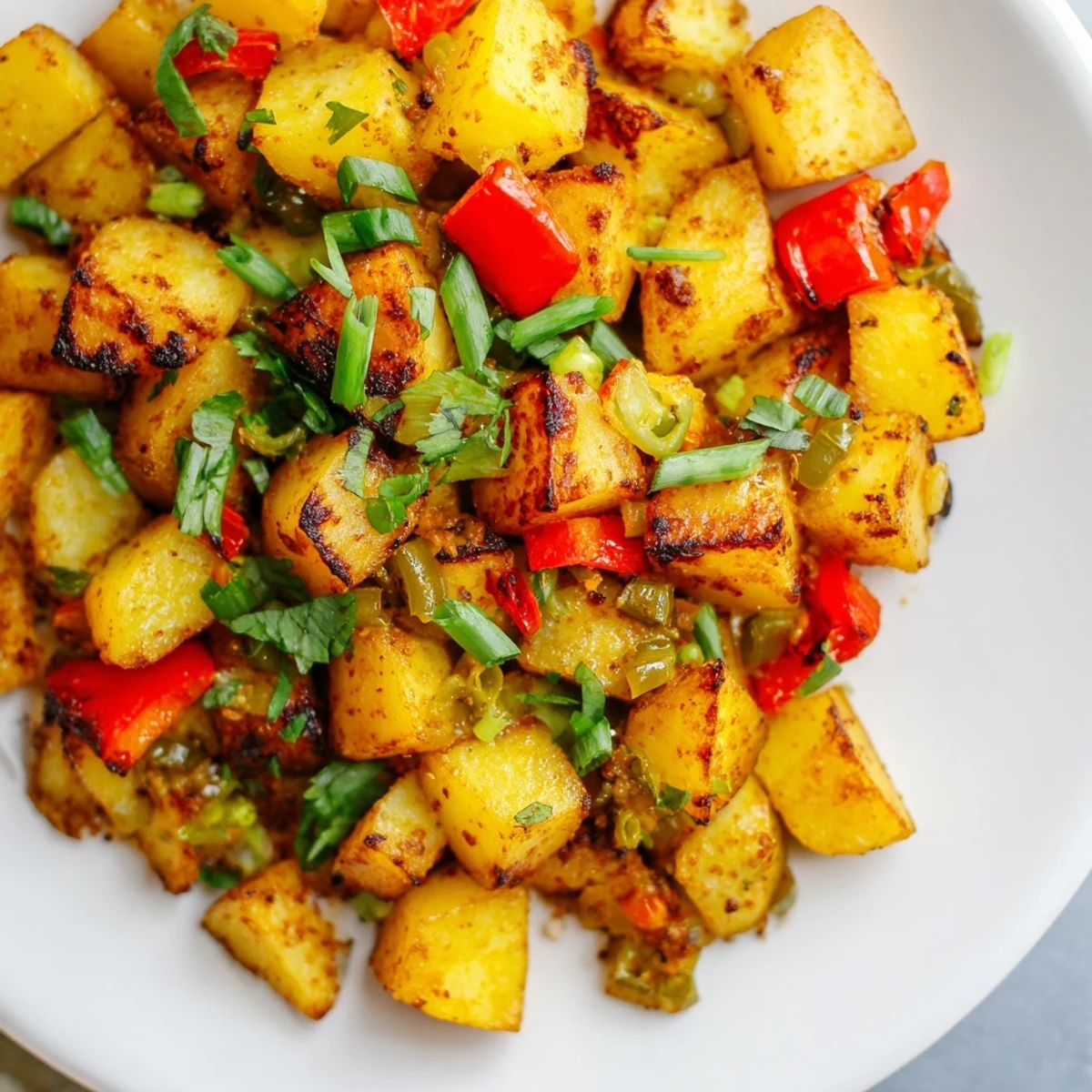 Southwestern Green Chile Hash topped with fried eggs fresh cilantro and shredded cheese