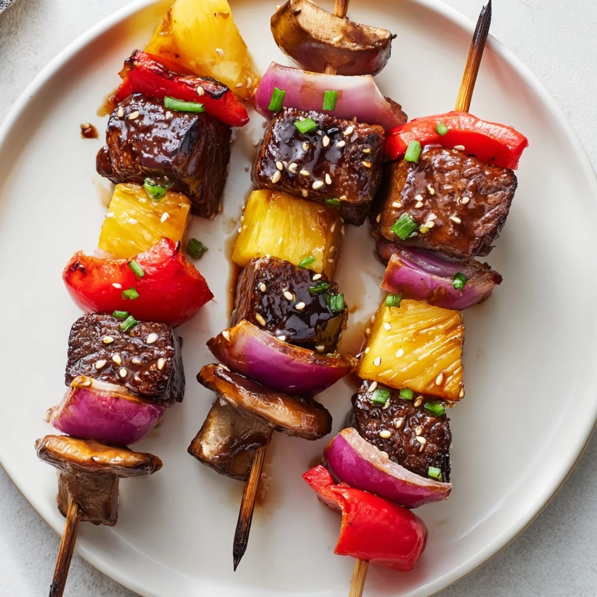 Grilled Teriyaki Steak Kabobs sizzling with charred vegetables and glossy teriyaki glaze