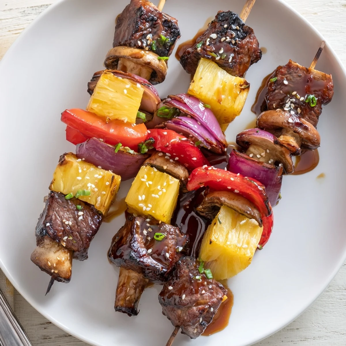 Grilled Teriyaki Steak Kabobs arranged on platter, sesame seeds, scallions, steam rising
