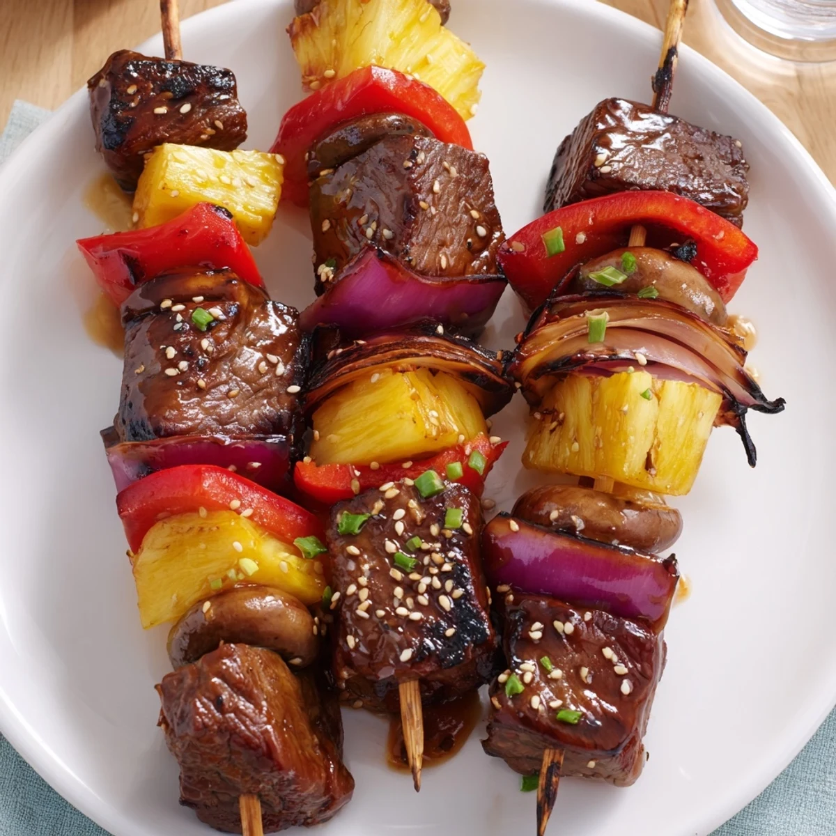 Toasted sesame and charred pineapple top Grilled Teriyaki Steak Kabobs ready to serve
