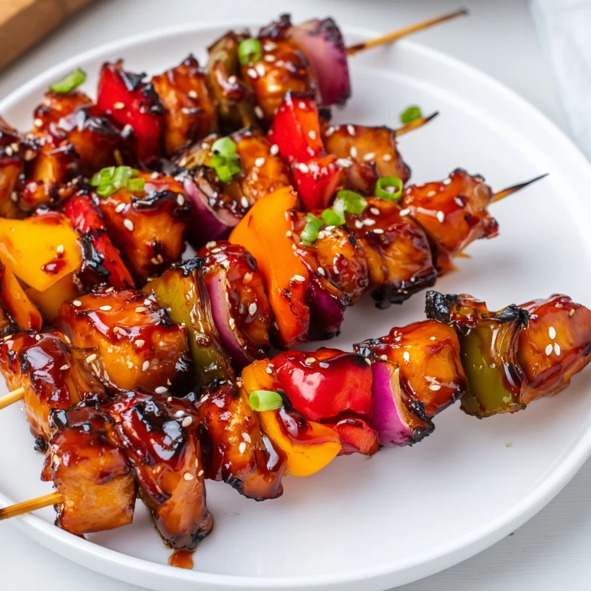 Juicy Chicken Skewers With Korean BBQ Sauce, charred edges, sesame-sprinkled, served hot
