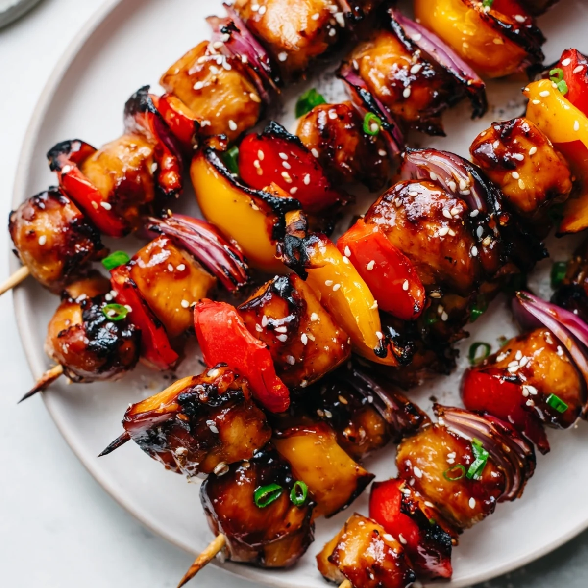 Grilled Chicken Skewers With Korean BBQ Sauce resting on rice, scallion garnish
