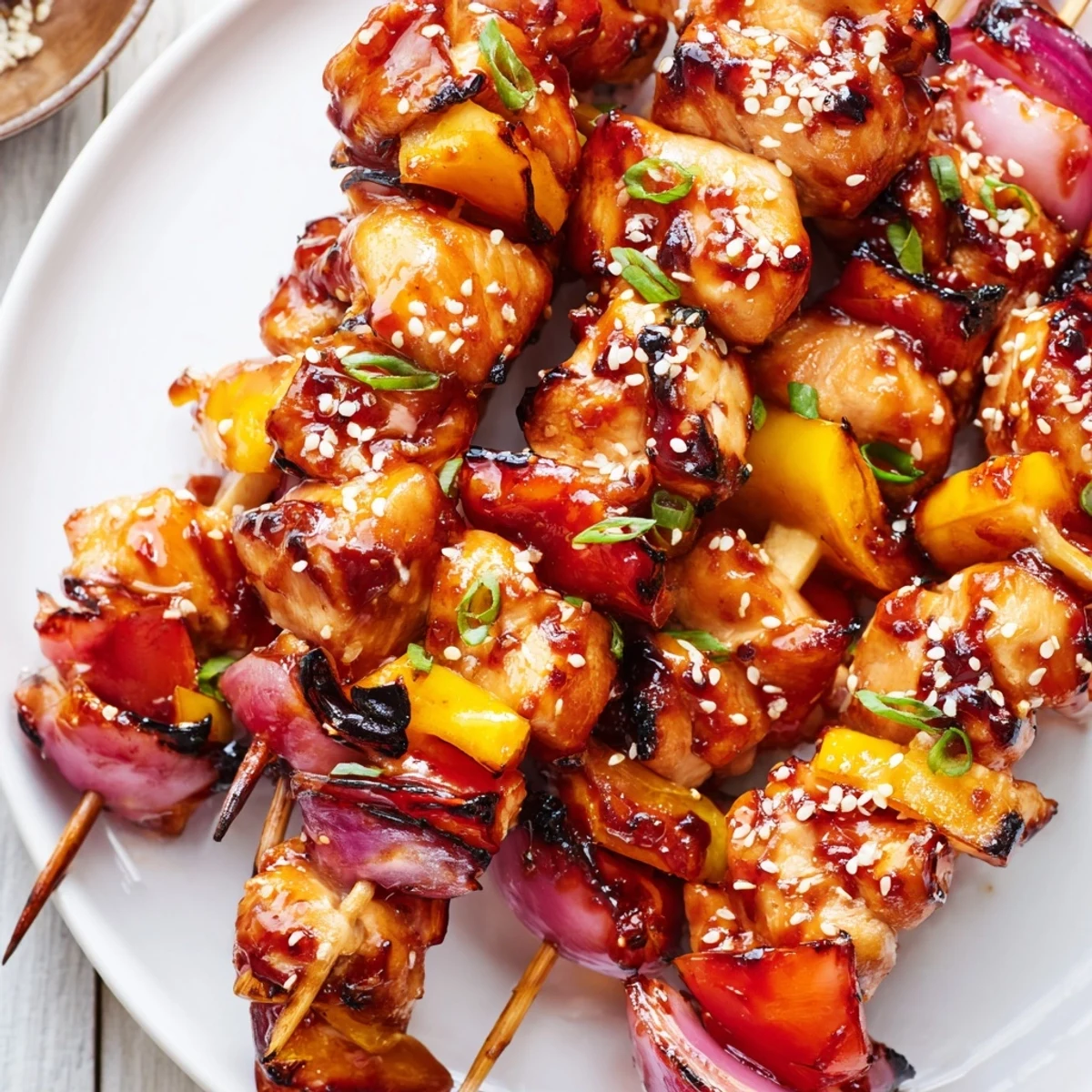 Weeknight-ready Chicken Skewers With Korean BBQ Sauce, sweet-spicy glaze, bell peppers