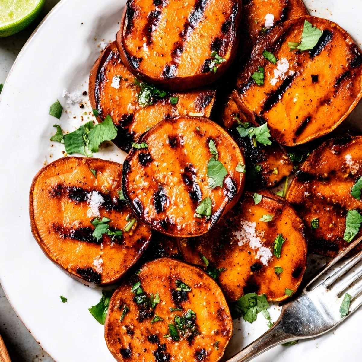 Bright cilantro and lime garnish brighten Grilled Sweet Potatoes Simple Smoky Summer Side