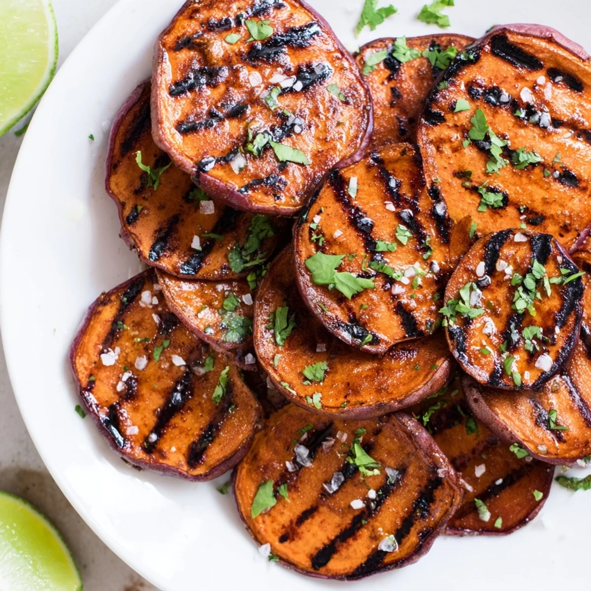 Charred grill marks, served hot at summer barbecue—Grilled Sweet Potatoes Simple Smoky Summer Side