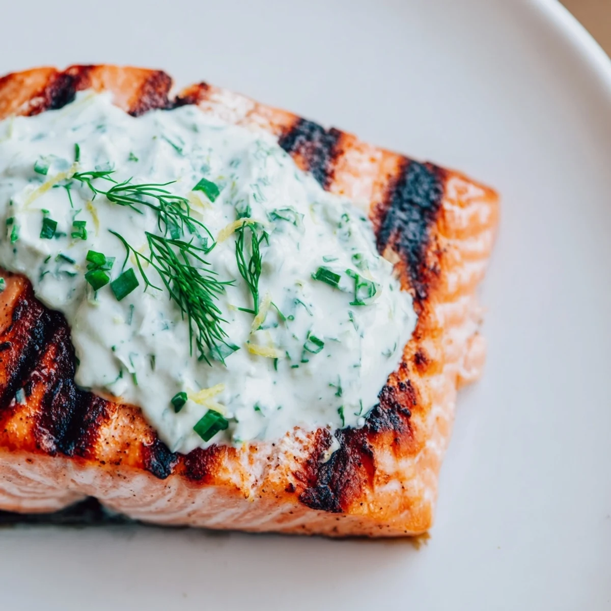 Perfectly cooked lemon herb salmon with fresh herb garnish and refreshing cucumber sauce