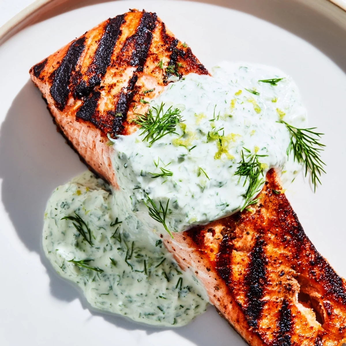 Golden grilled salmon fillets with charred grill marks topped with cool cucumber dill sauce