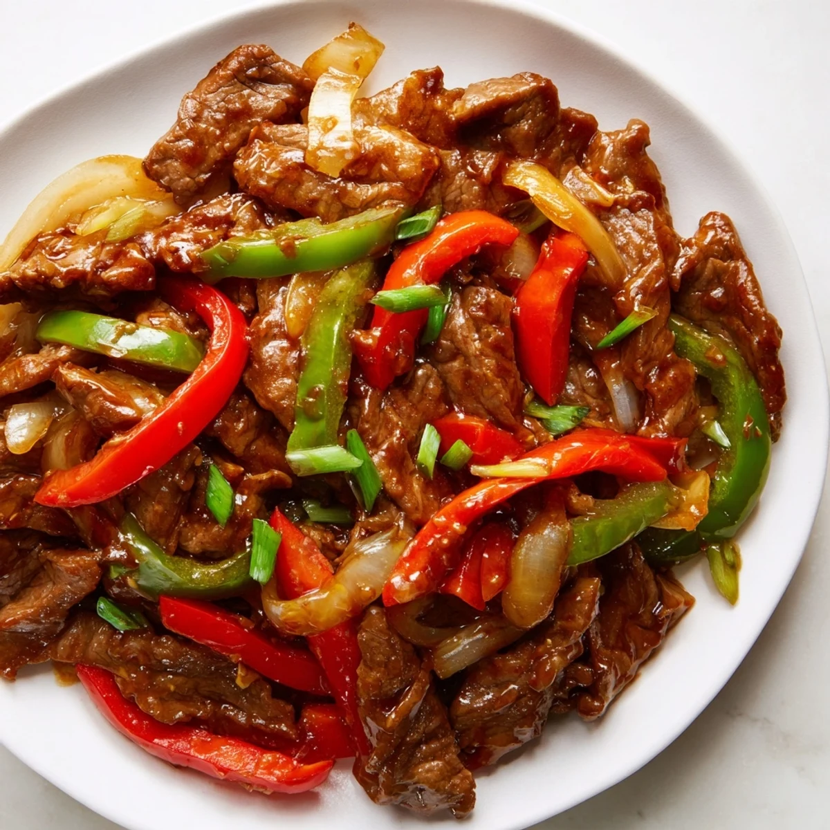 Sizzling spicy beef stir fry with chili garlic sauce served over steaming white jasmine rice