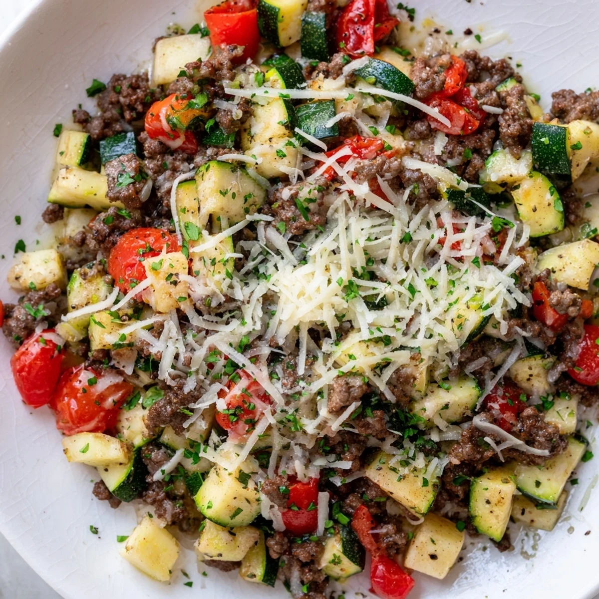 Golden ground beef zucchini skillet bubbling with tender vegetables and melted cheese topping