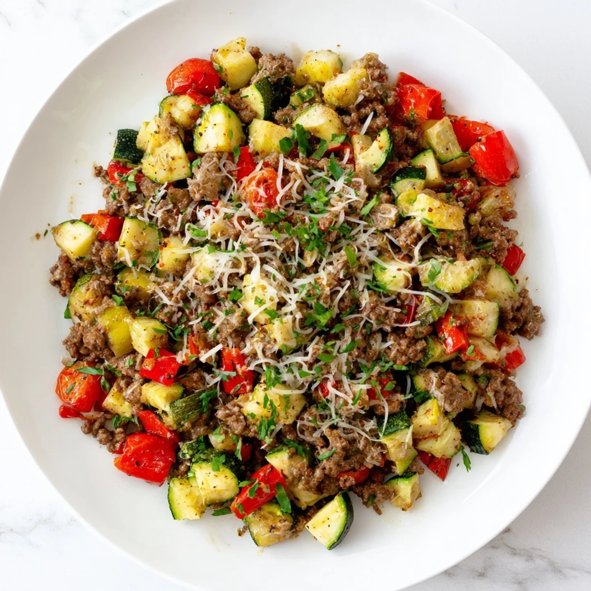 Savory one-pan ground beef zucchini skillet featuring colorful peppers and fresh parsley garnish