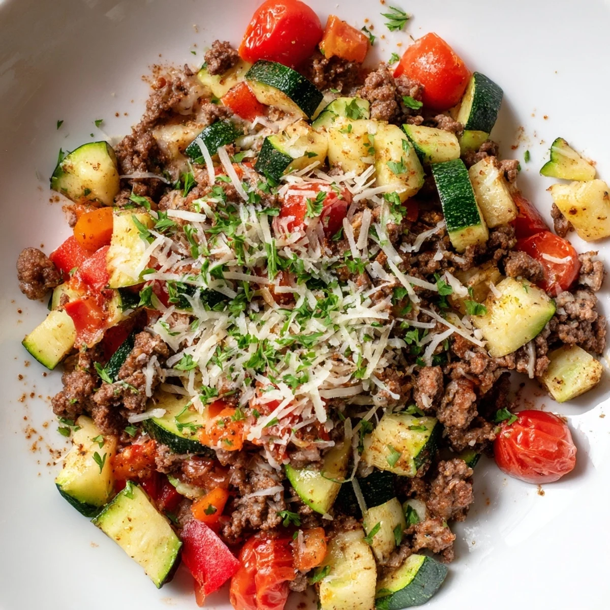 Hearty ground beef zucchini skillet served piping hot with juicy tomatoes and aromatic herbs