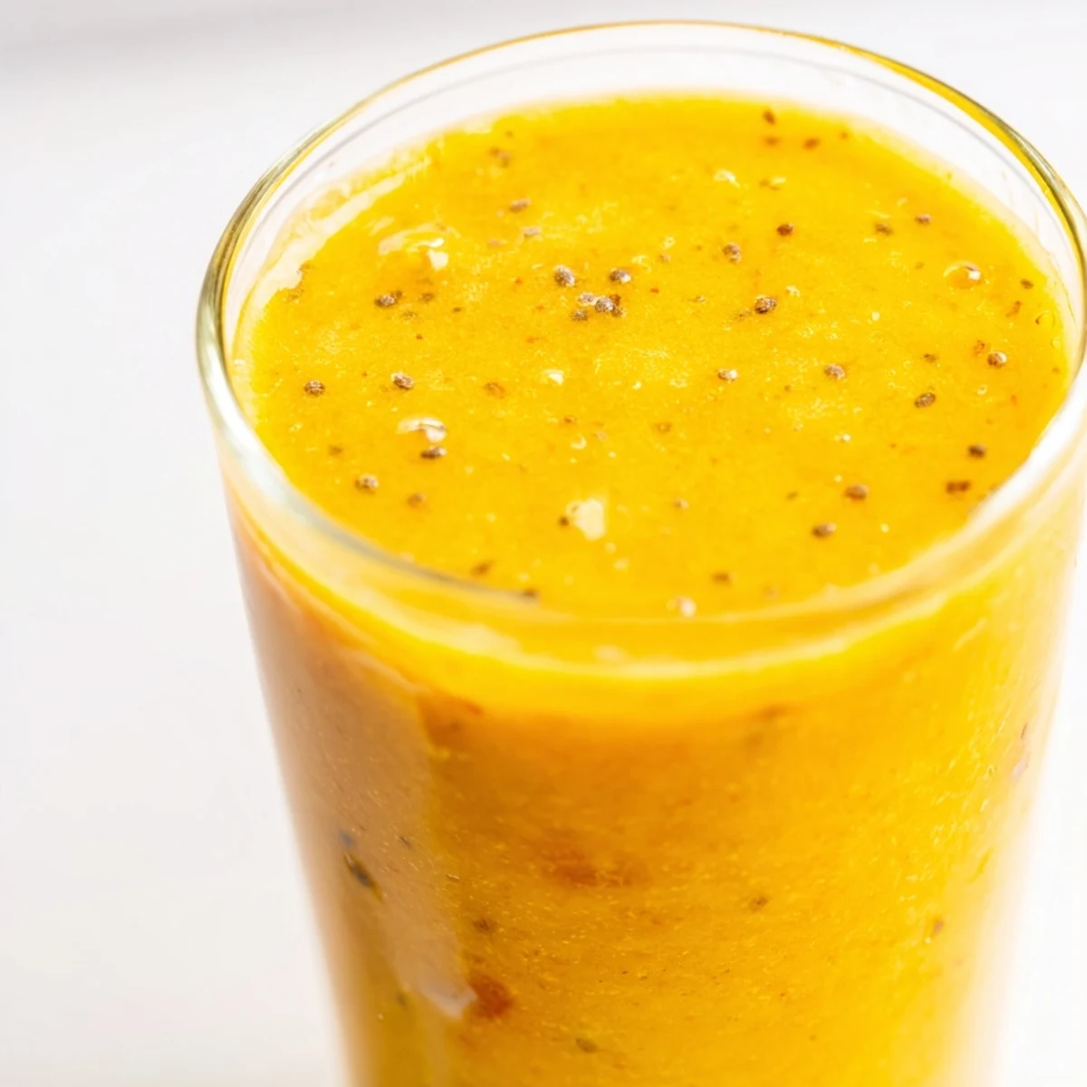 Tropical pineapple mango smoothie recipe poured into two glasses, topped with fresh fruit garnish