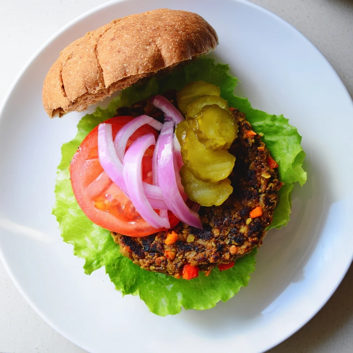 Golden homemade veggie burgers stacked on toasted whole wheat buns with crisp lettuce and ripe tomato slices