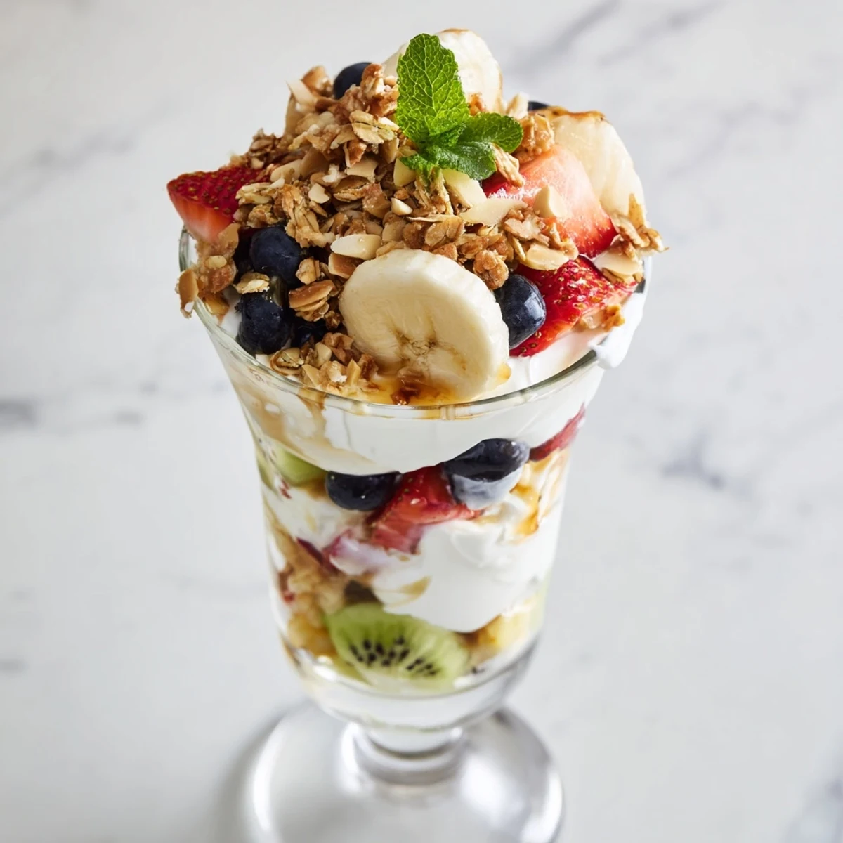 Glass bowl showcasing layered yogurt parfait recipe with honey and fresh colorful fruits