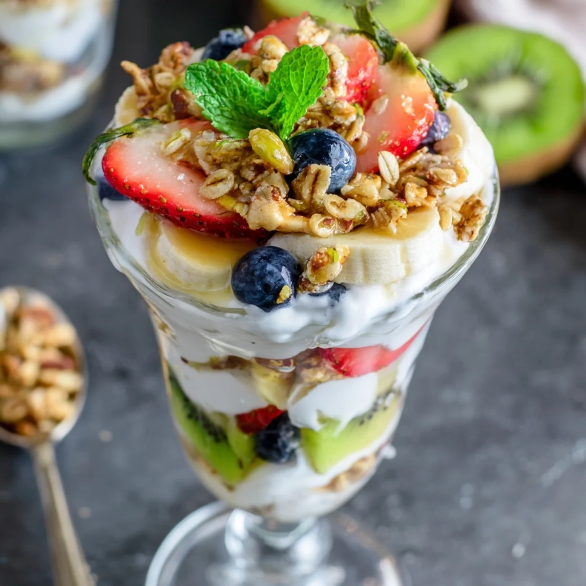 Healthy breakfast parfait recipe featuring alternating layers of yogurt, sweet honey, and mixed berries